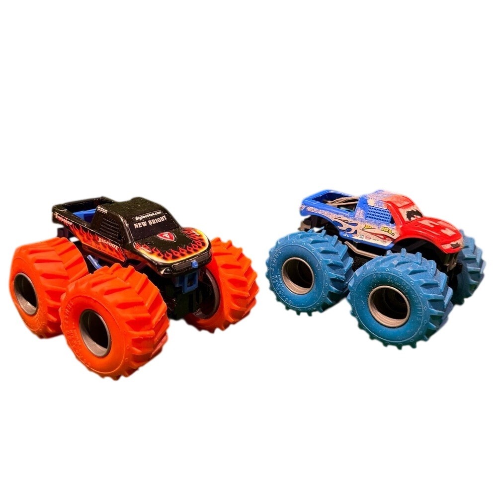 New Bright Monster Truck Duo Black Red Blue‎ Push Powered Toy Vehicles Set of 2